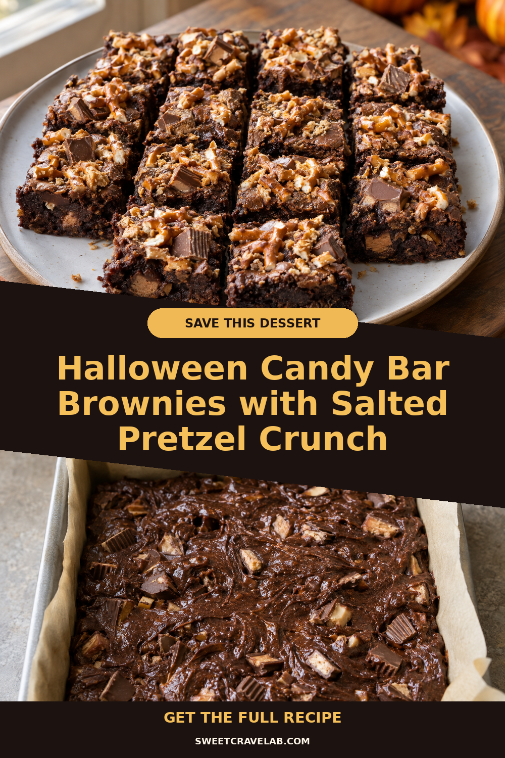 Pretzel crunch brownies: chocolate + candy bar pieces in an 8-inch pan