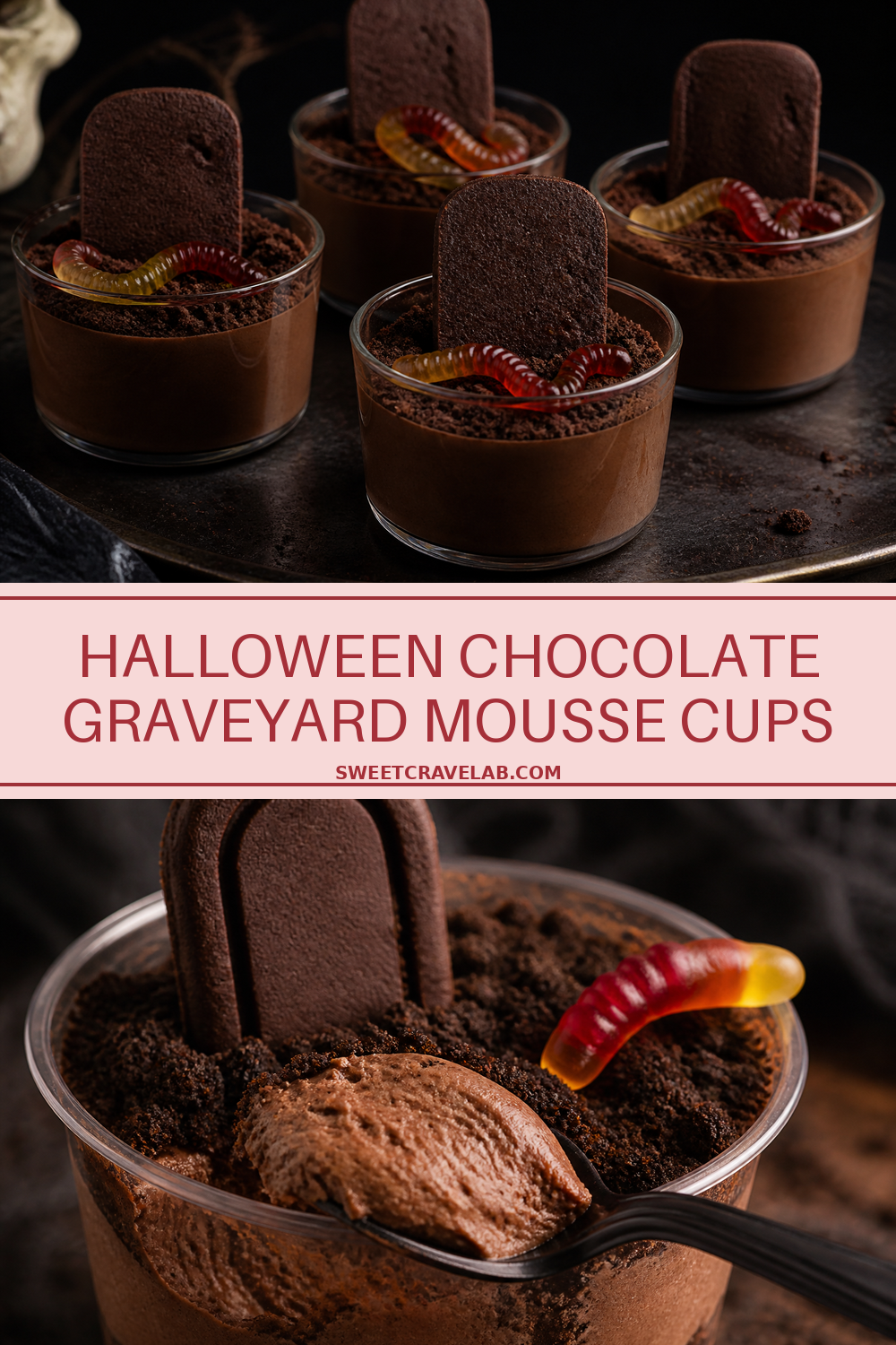 Halloween chocolate graveyard mousse cups with tombstones