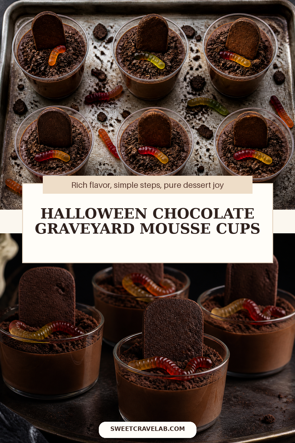 Easy Halloween graveyard pudding cups with gummy worms