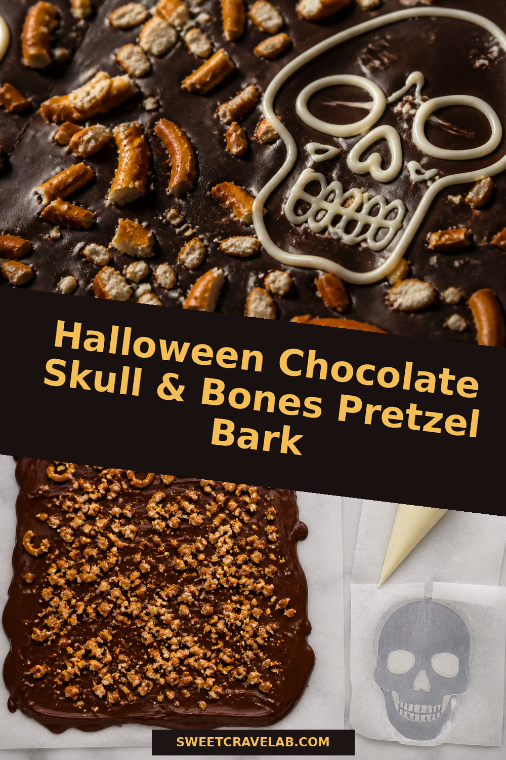 Spooky skull bones chocolate bark with pretzels