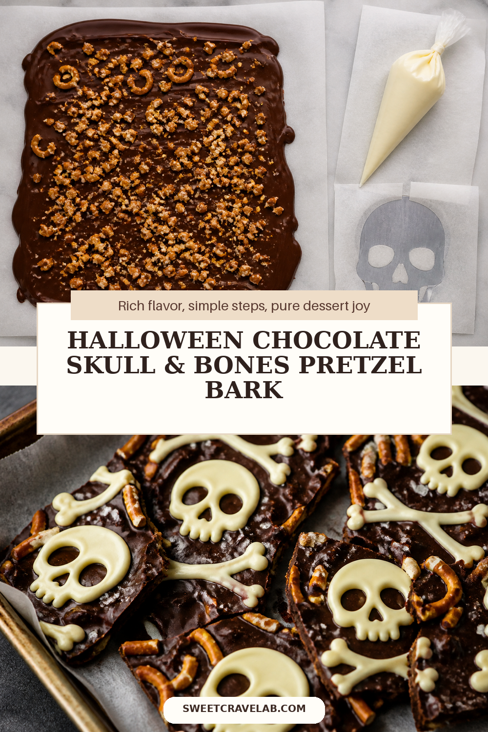 Easy Halloween chocolate bark with skull stencil