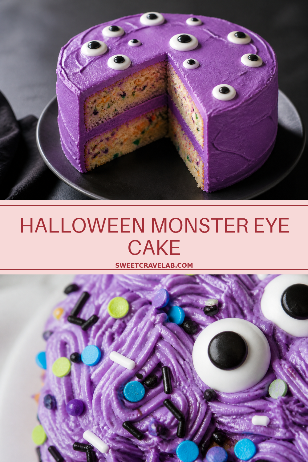 Halloween monster eye cake: purple sprinkle 2-layer design
