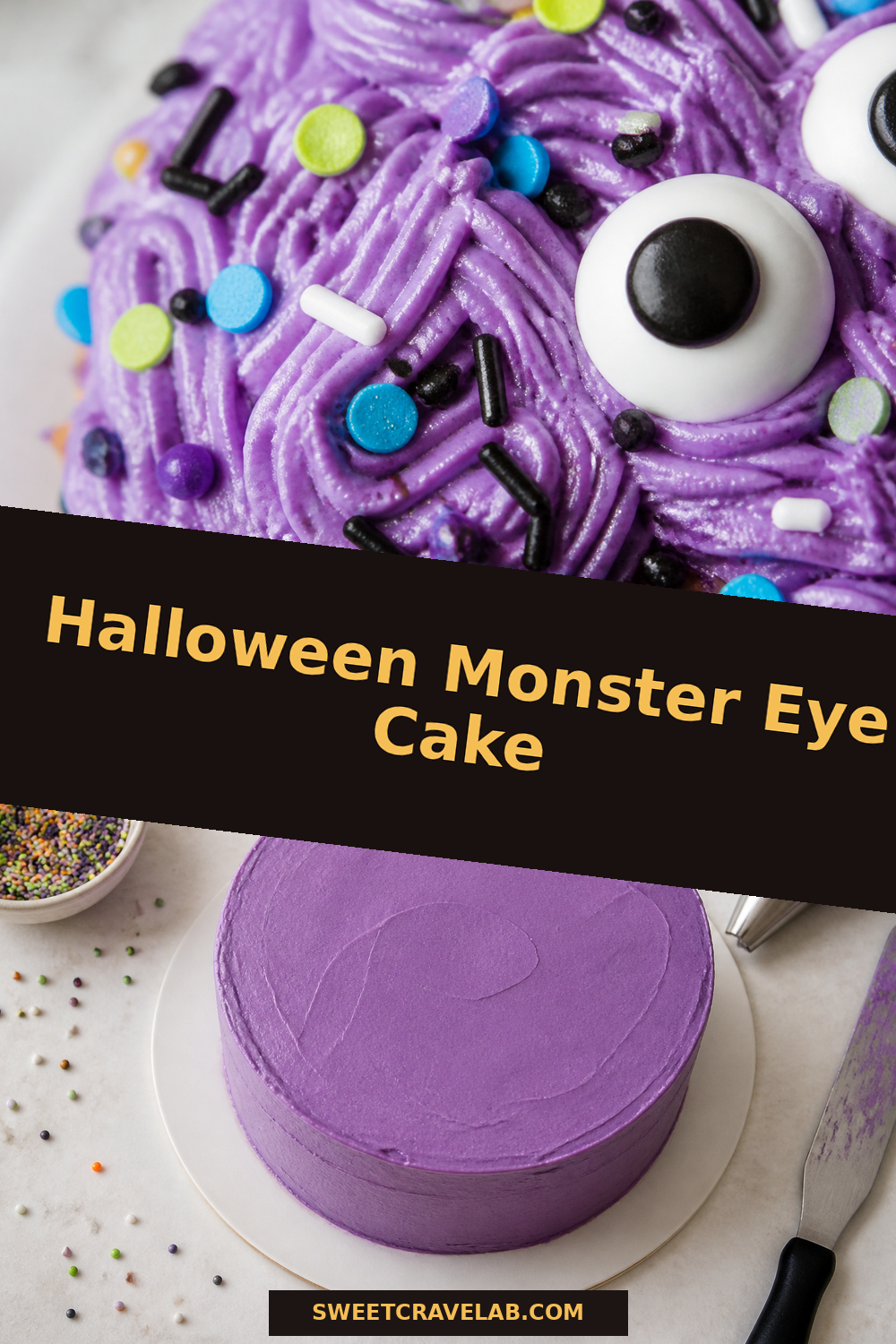 Easy Halloween monster eye cake with candy eyes and vanilla sprinkles