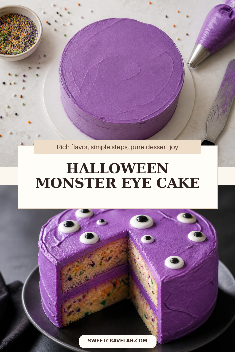 Bright purple buttercream Halloween monster eye cake (8-inch layers)