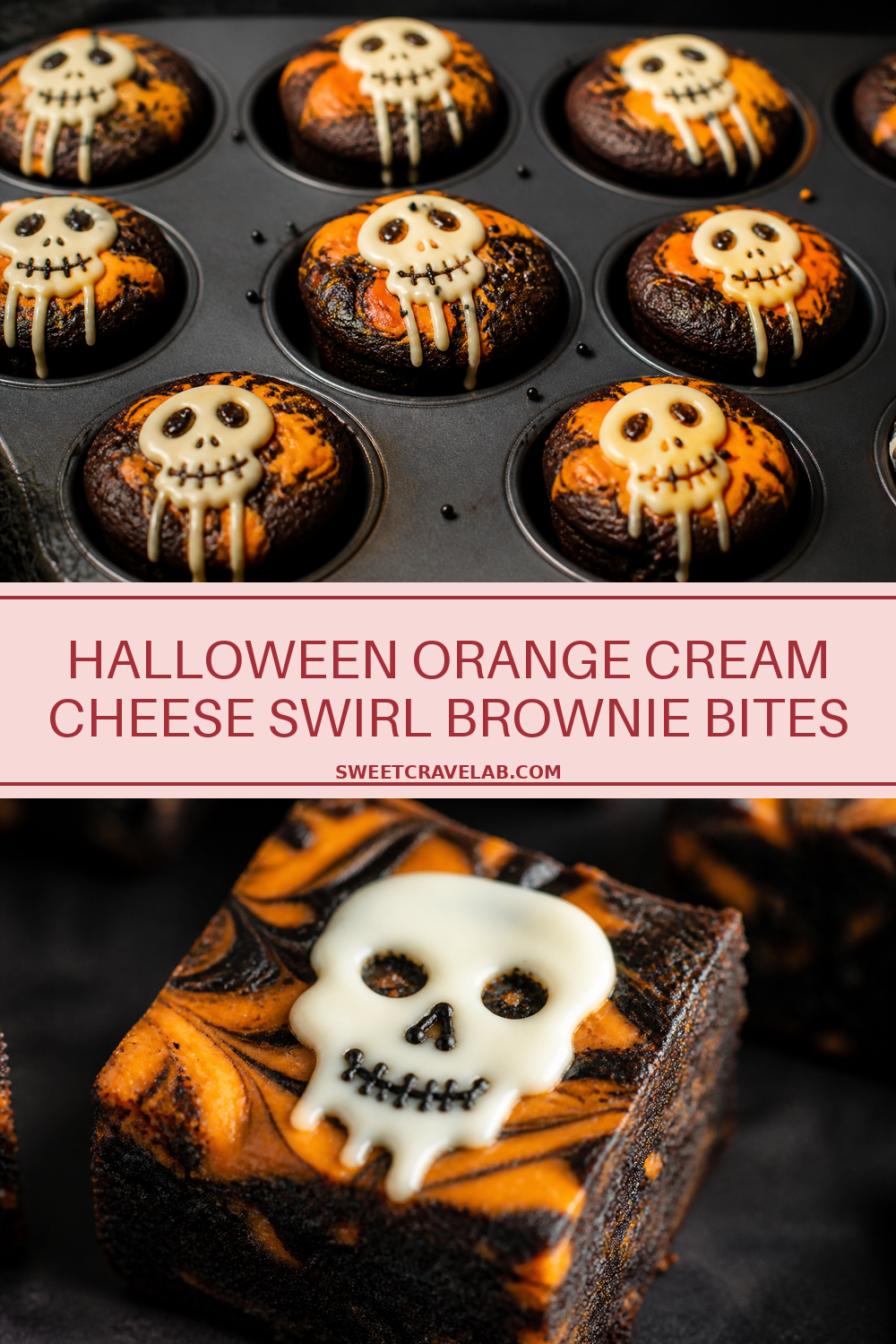Orange cream cheese swirl Halloween brownie bites (mini skull tops)