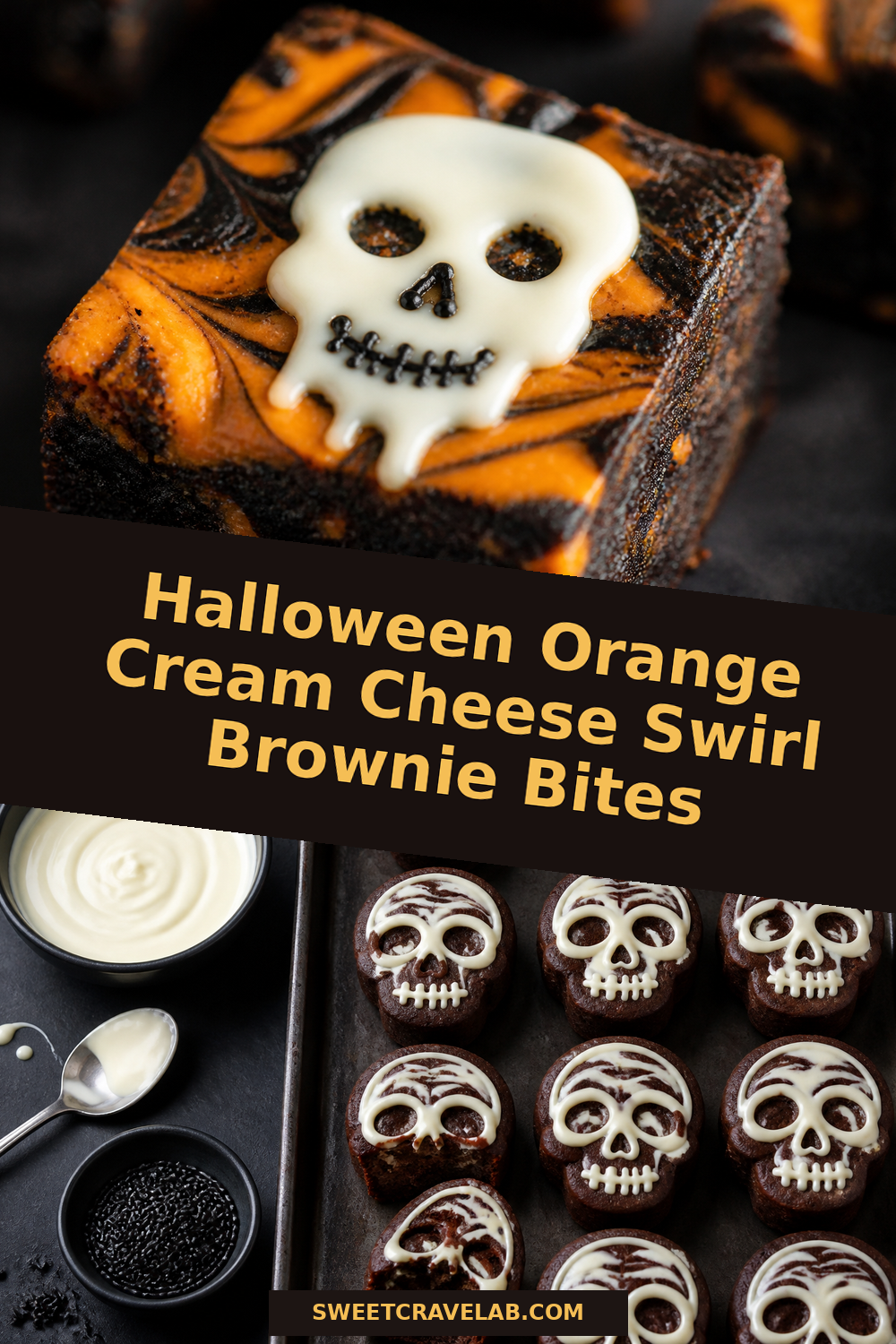 Halloween black cocoa brownie bites with orange swirl & skull drizzle