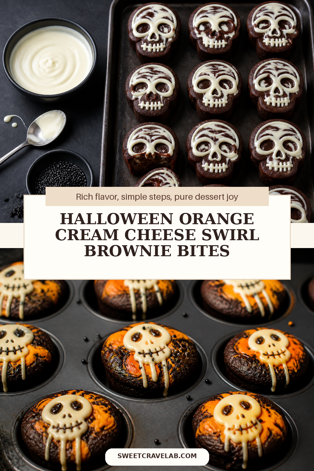 Mini brownie bites: orange cream cheese swirl for Halloween fun