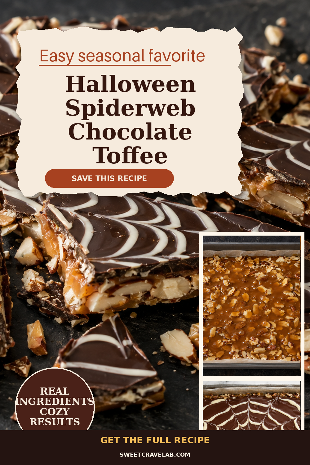 Halloween Chocolate Toffee: Spiderweb Dark + Almond 9×13