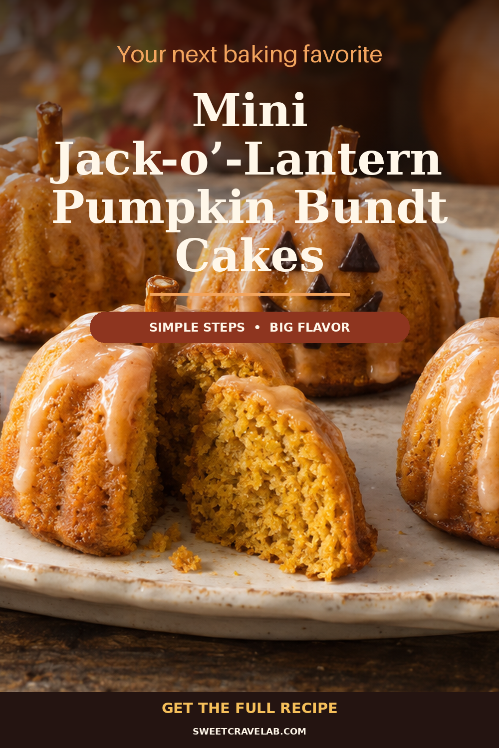 Easy mini jack-o’-lantern Bundt cakes with orange-tinted maple glaze