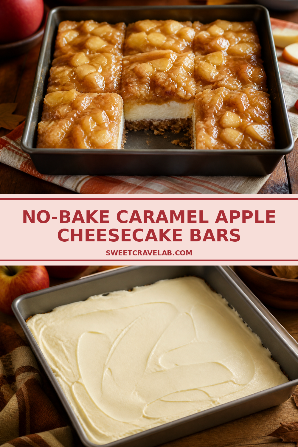 Creamy No-Bake Caramel Apple Cheesecake Bars with Crumble Base