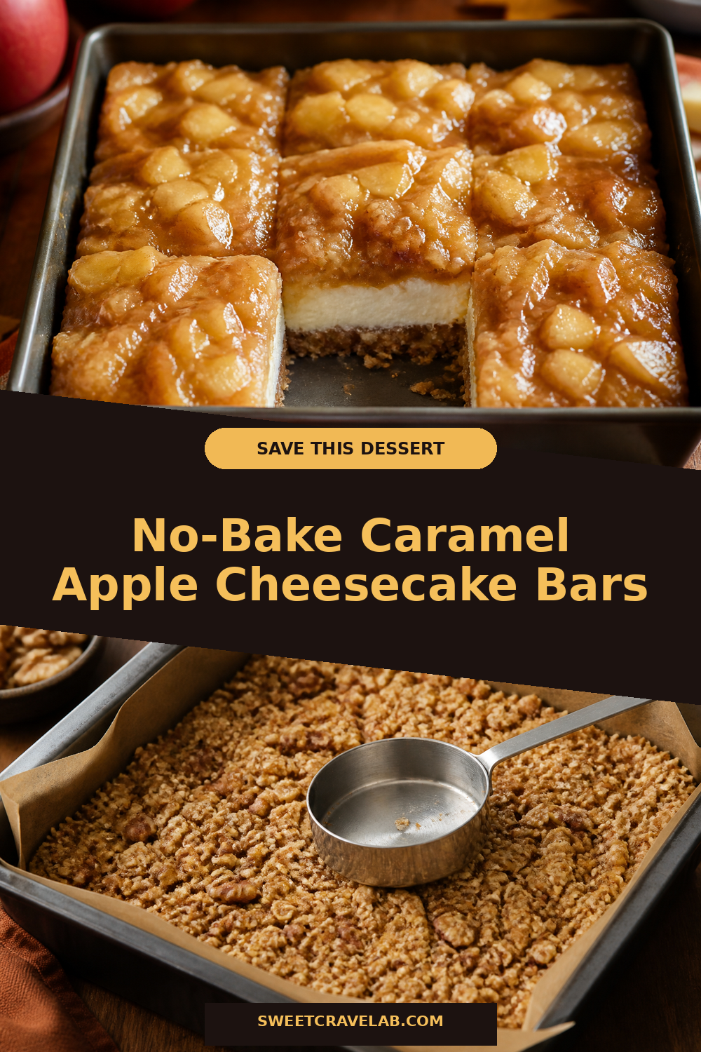 Sliceable Caramel Apple Cheesecake Bars (No Bake, Oat-Walnut)