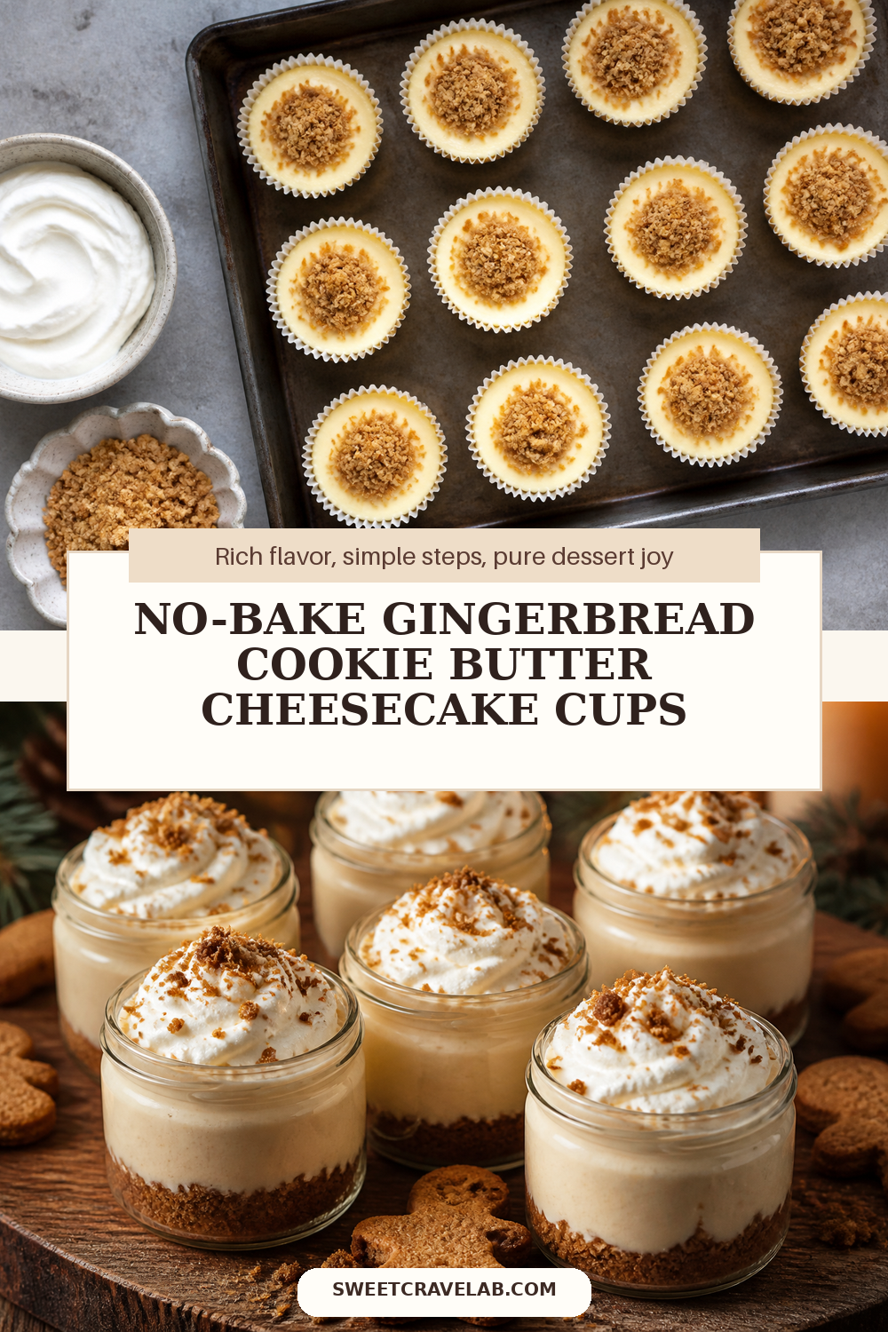 Holiday Dessert Cups: Cookie Butter Cheesecake + Gingersnap Snow