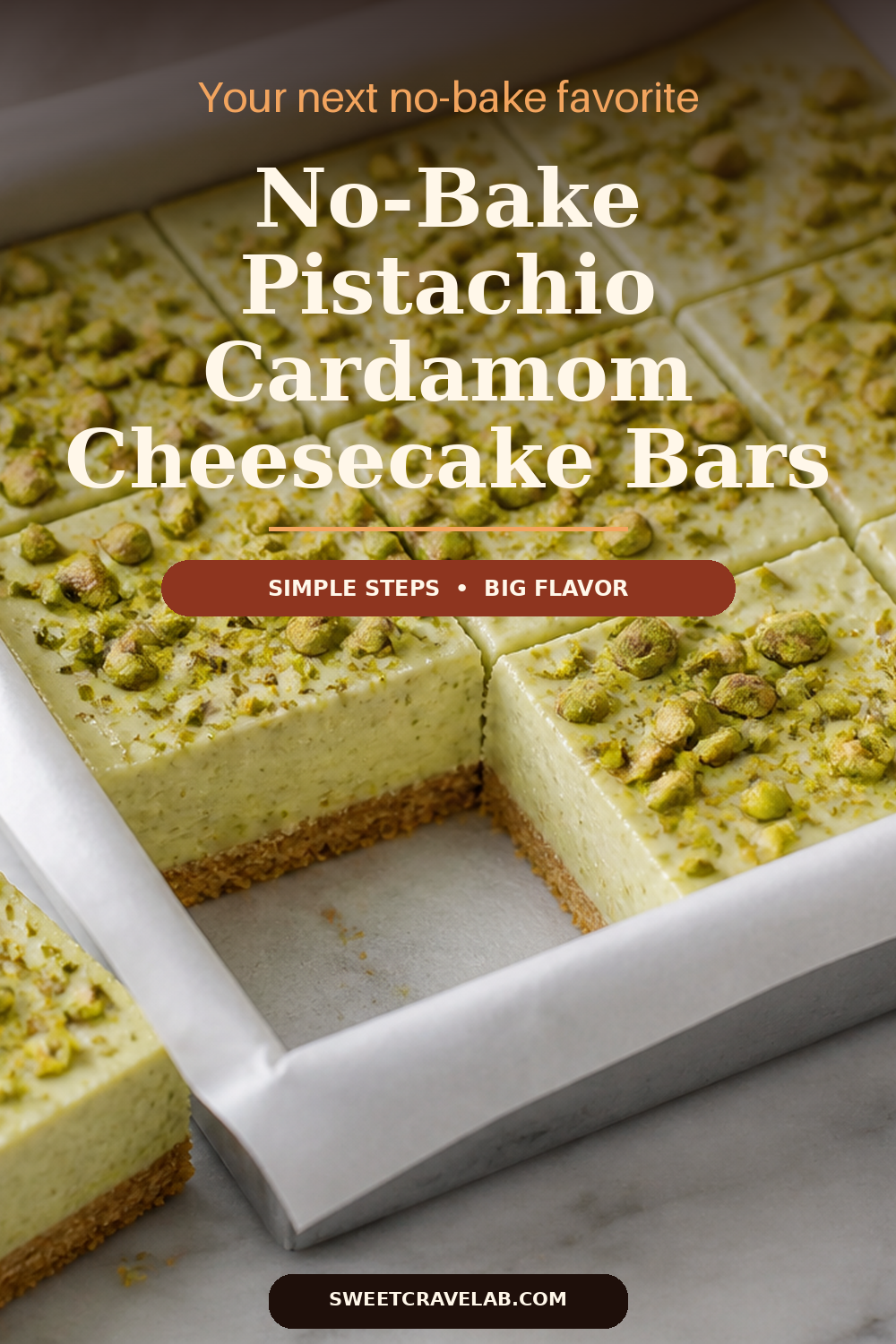 Pistachio Cardamom Cheesecake Bars with Cookie Crust, No Bake