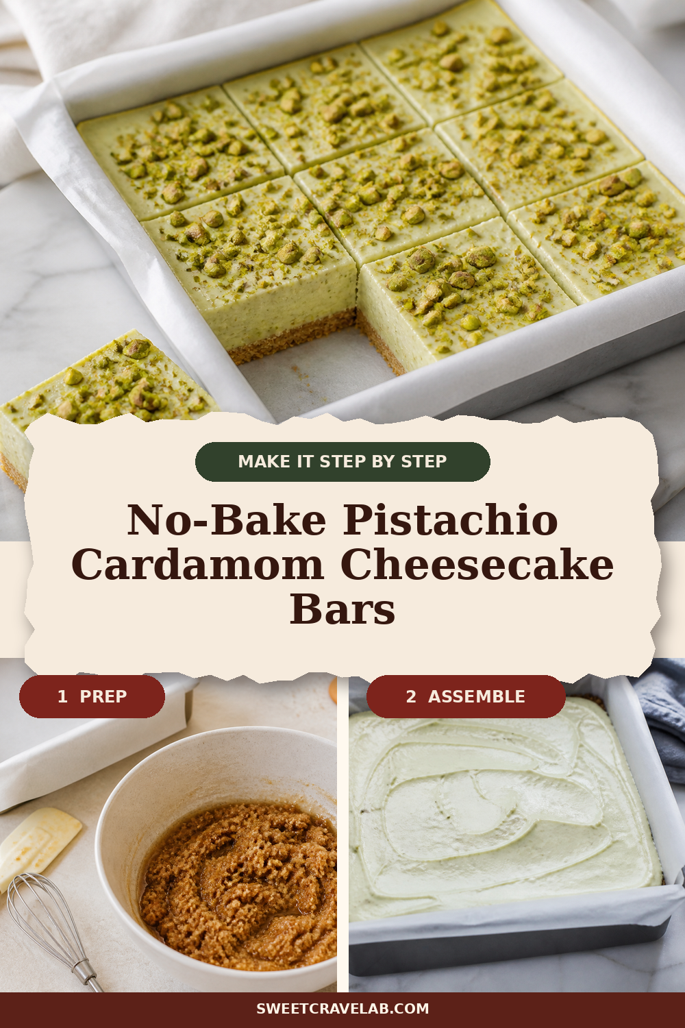 Easy No-Bake Cheesecake Bars: Pistachio & Cardamom with Crunch Top