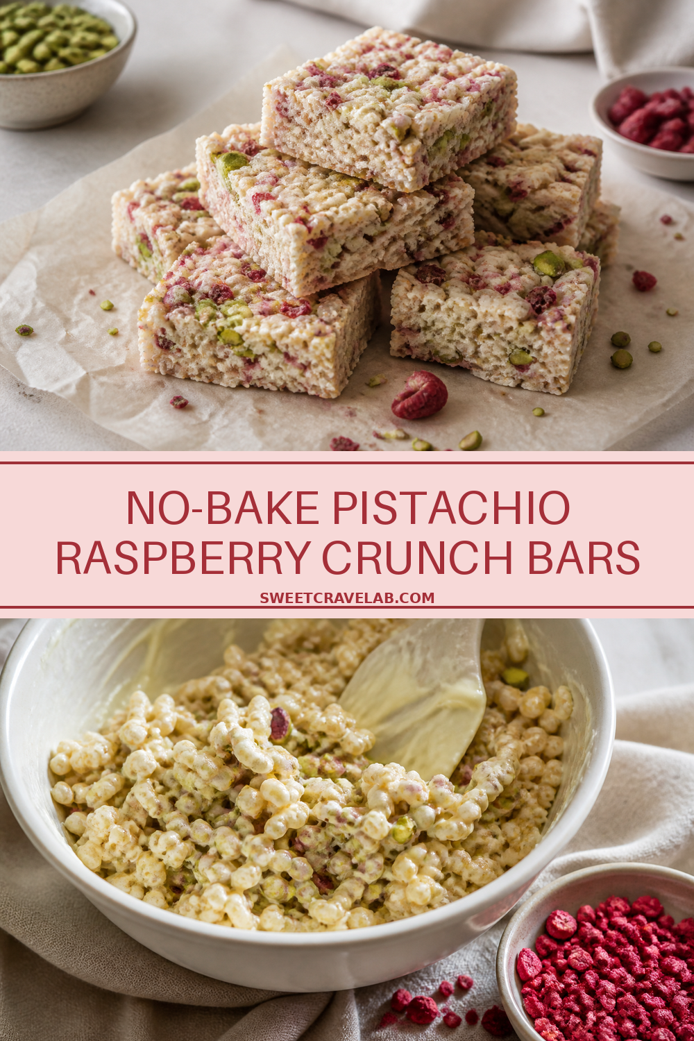 No-Bake Pistachio Raspberry Crunch Bars (White Chocolate)
