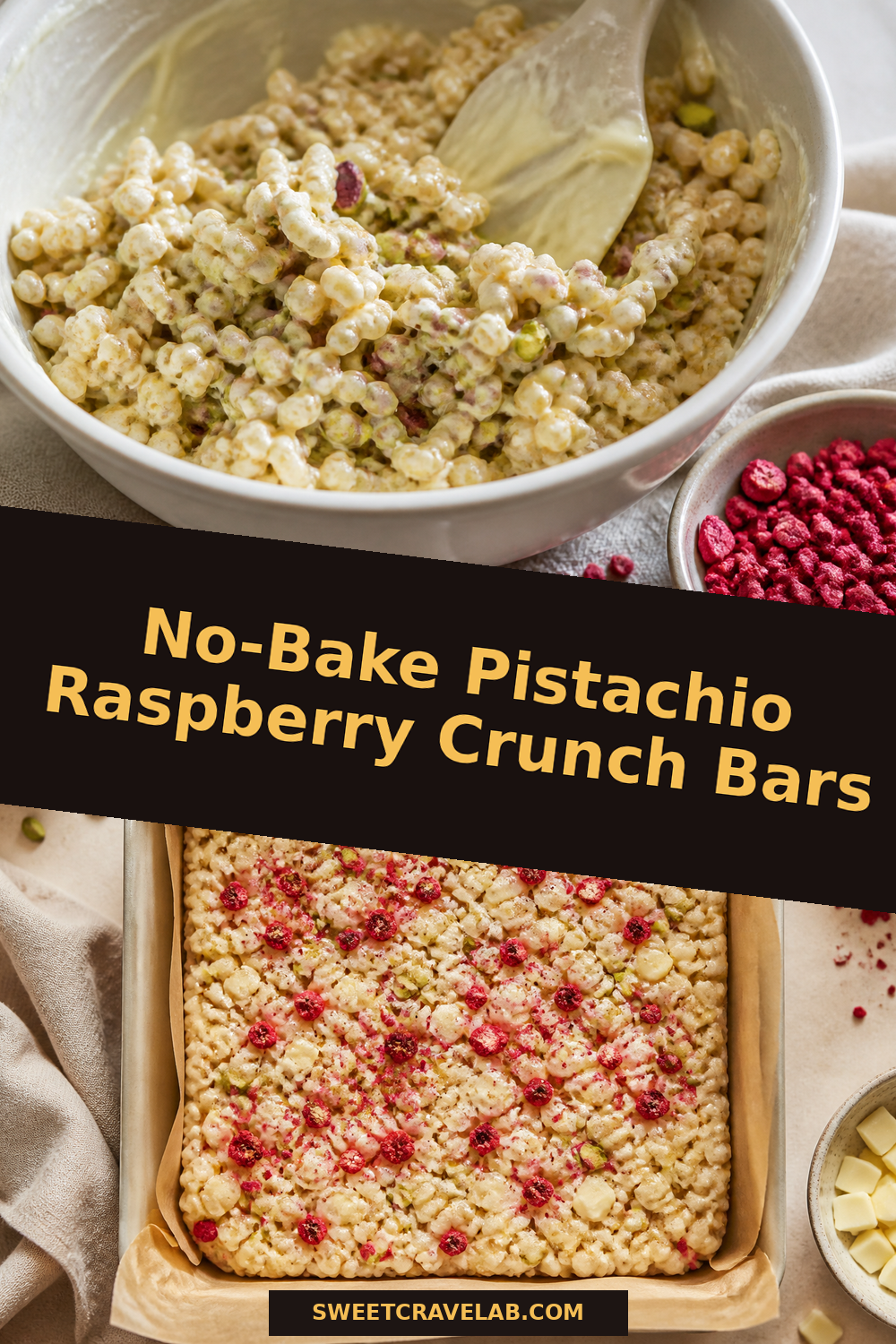 Pistachio Crispy Bars with Raspberry Crunch, No-Bake