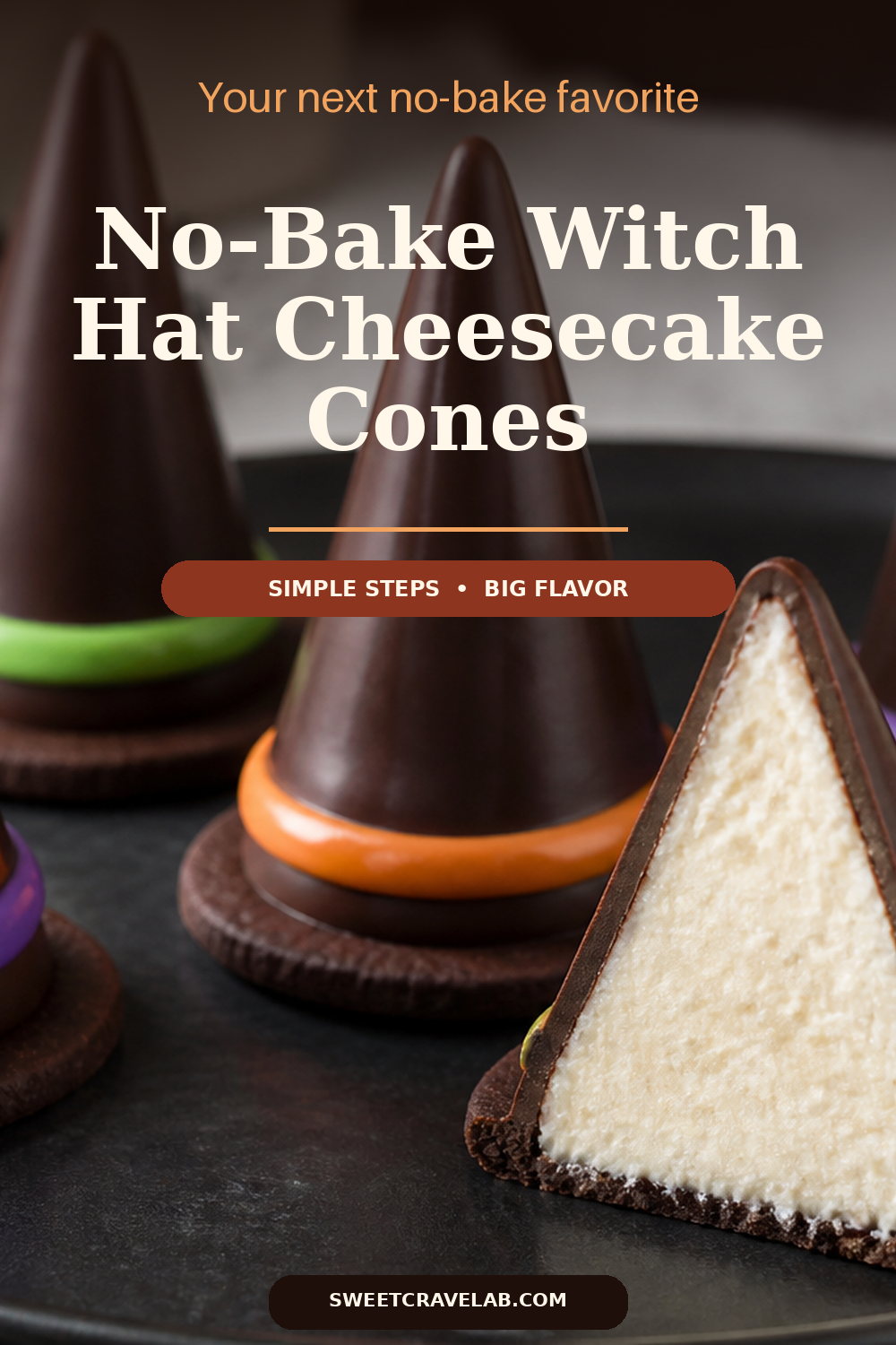 Chocolate-Coated Witch Hat Cones with No-Egg Cheesecake Filling