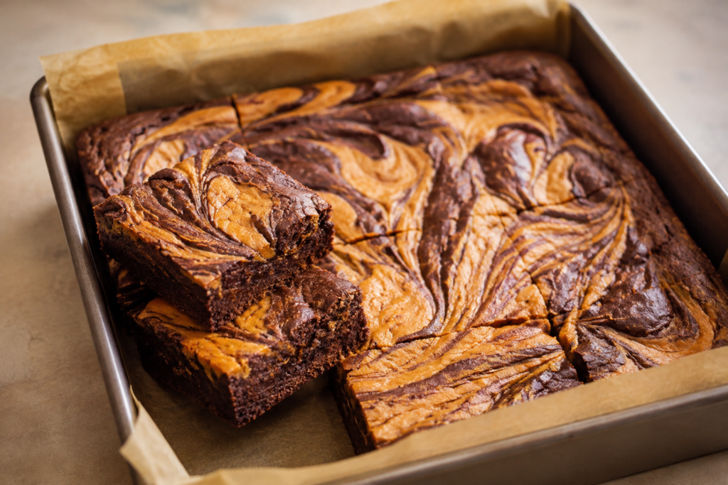 Pumpkin cheesecake swirl brownies in a baking pan with a marbled top
