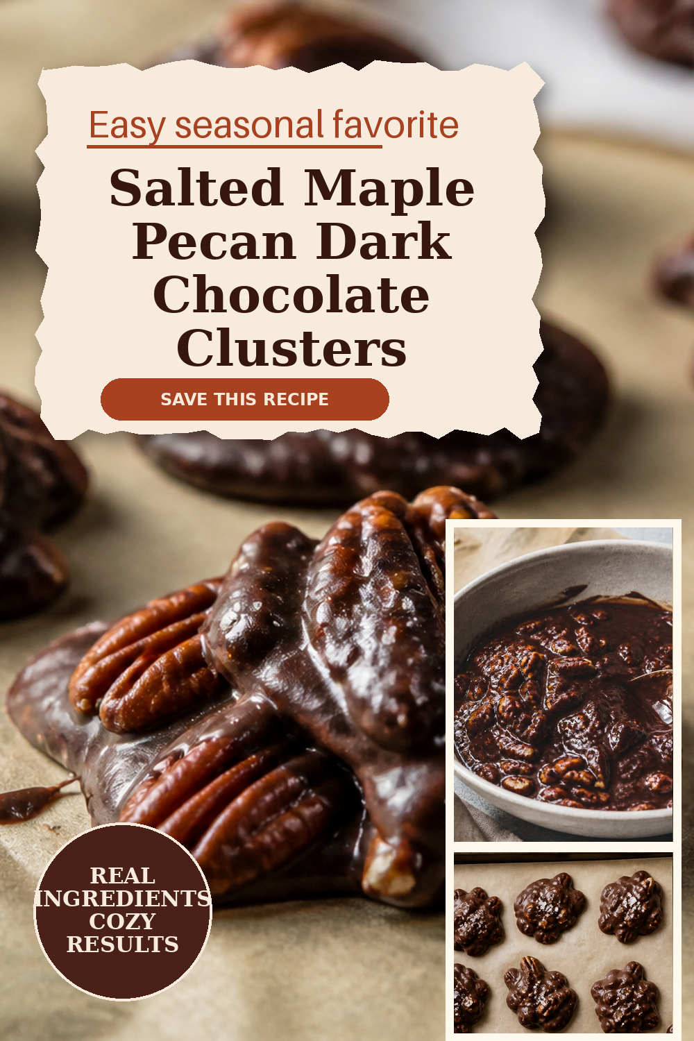 Salted maple pecan dark chocolate clusters