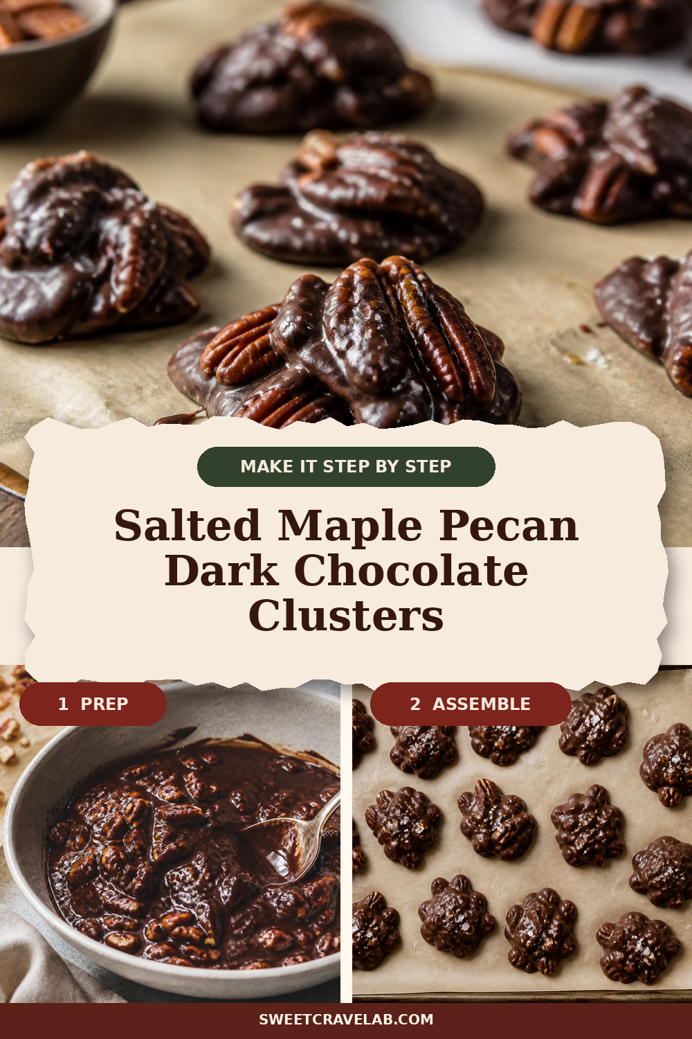 No-bake dark chocolate pecan clusters, maple + salt