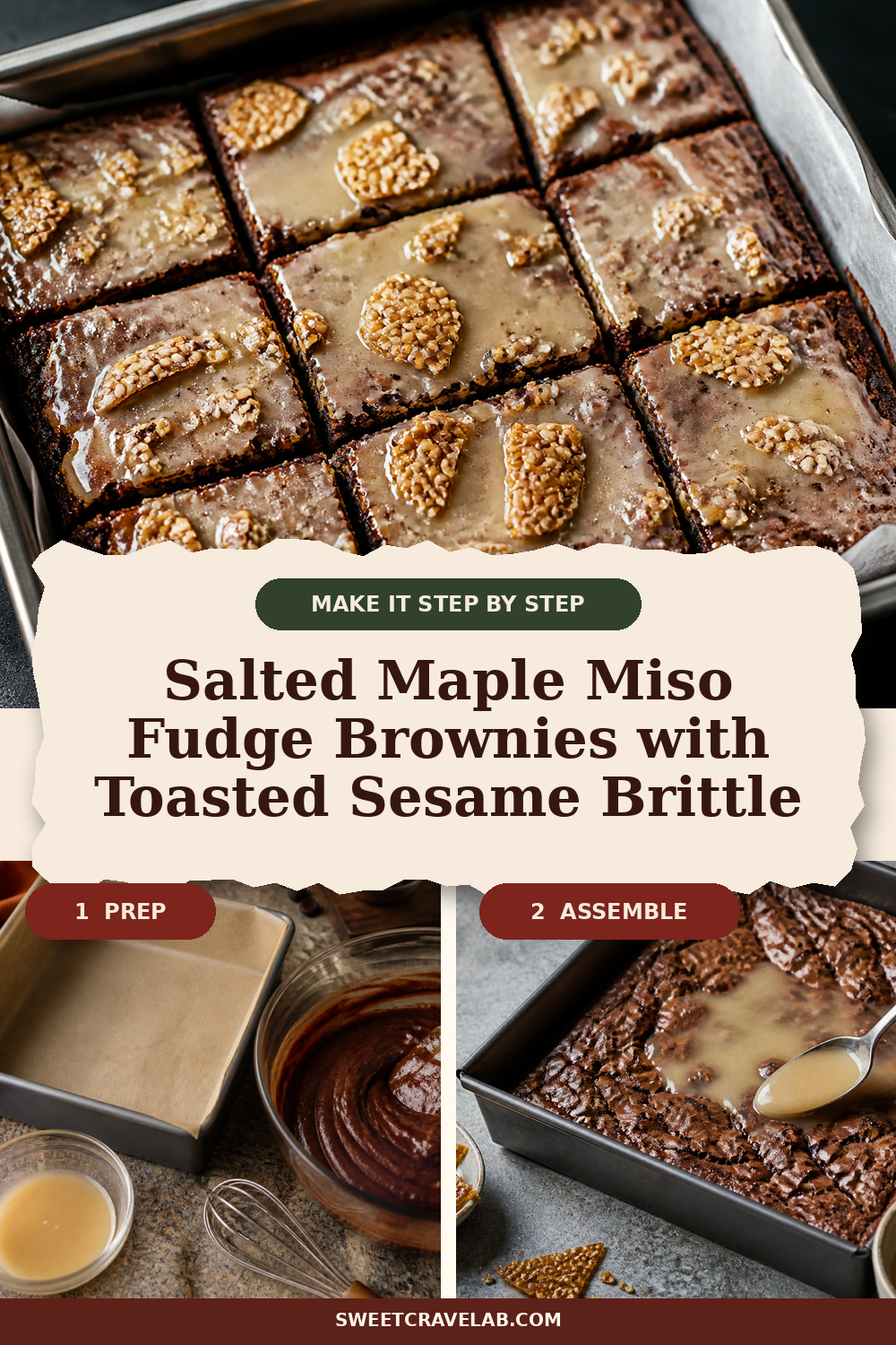 Fudgy Brownies Topped with Maple-Miso Glaze and Sesame Crunch