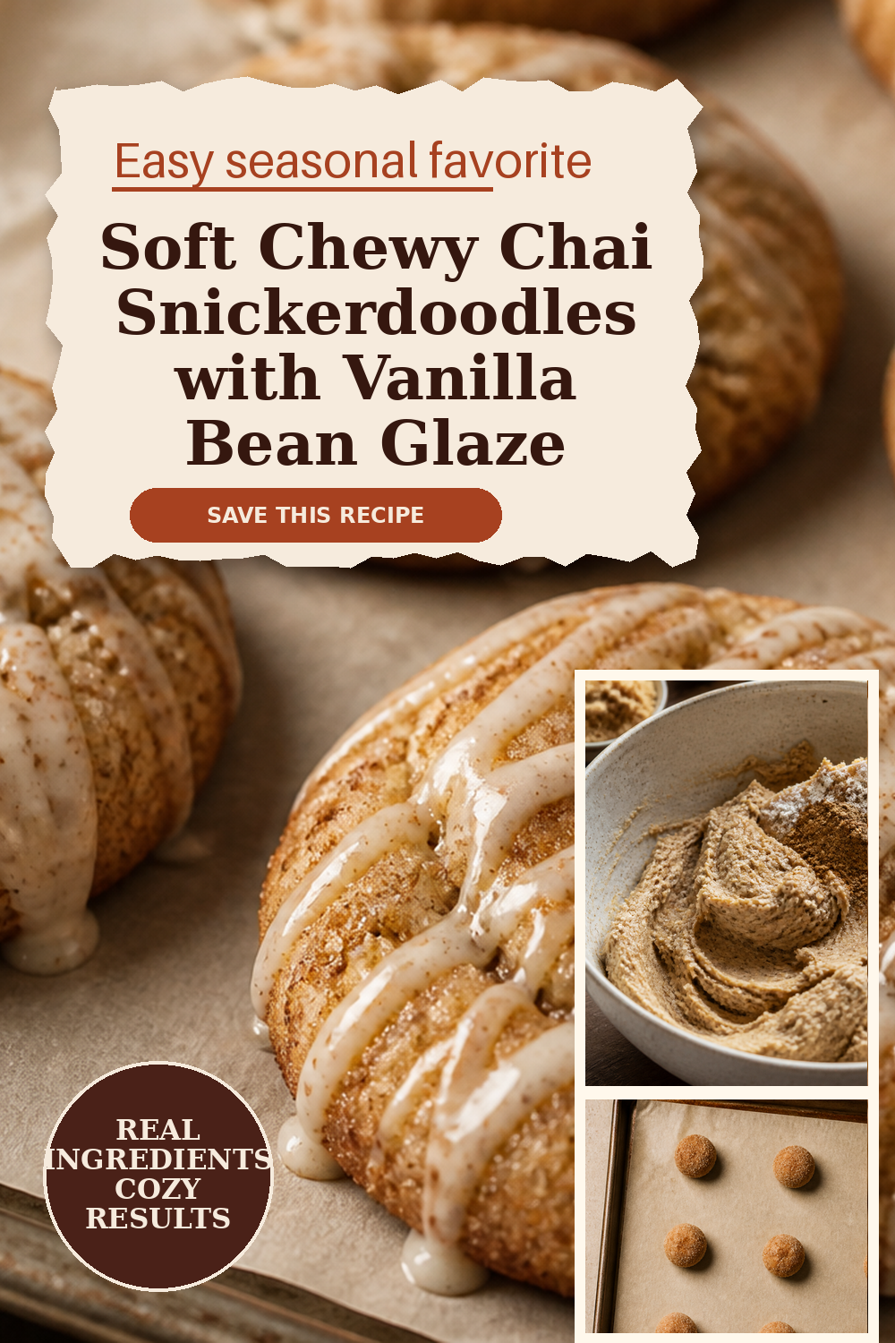 Soft chewy chai snickerdoodles with vanilla bean glaze
