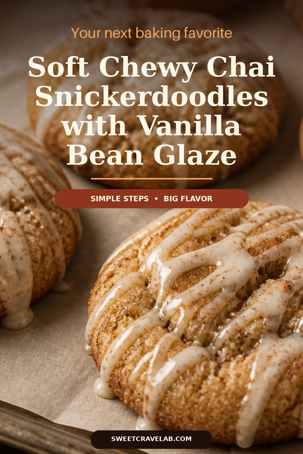 Chai snickerdoodles cookies with creamy vanilla bean icing glaze