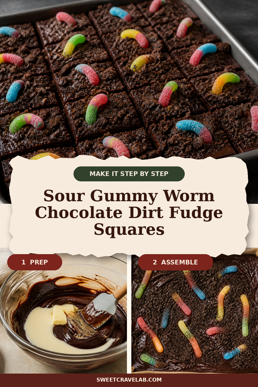 Worms in Dirt Chocolate Fudge Squares with Sour Gummy Worms