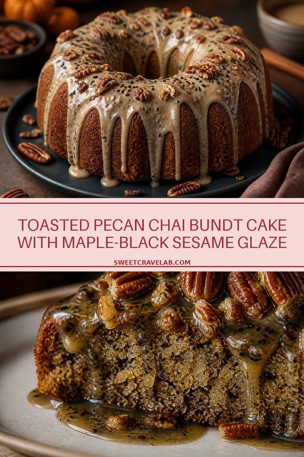 Toasted Pecan Chai Bundt Cake with Maple Black Sesame Glaze