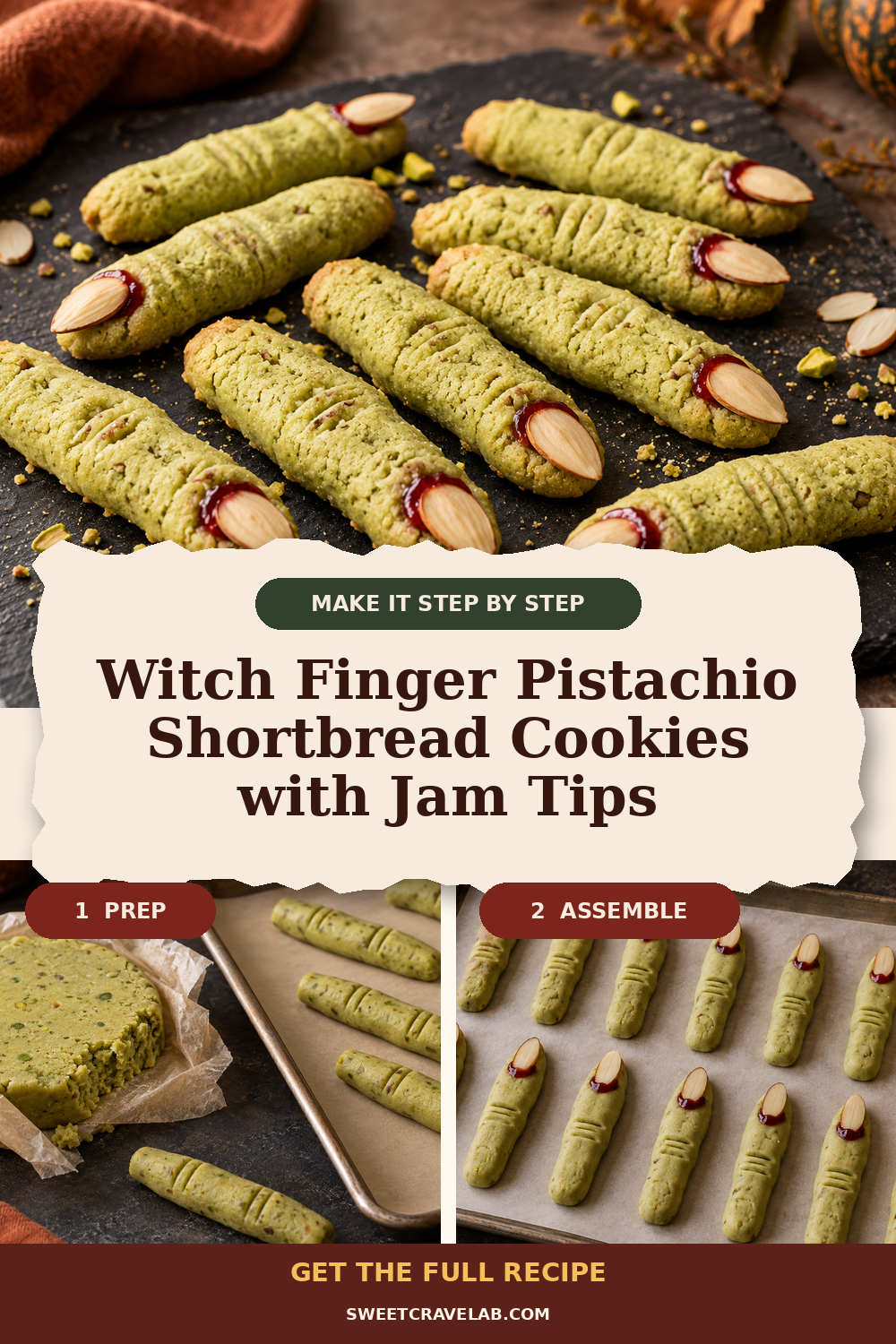 Pistachio Shortbread Fingers for Halloween with Strawberry Jam