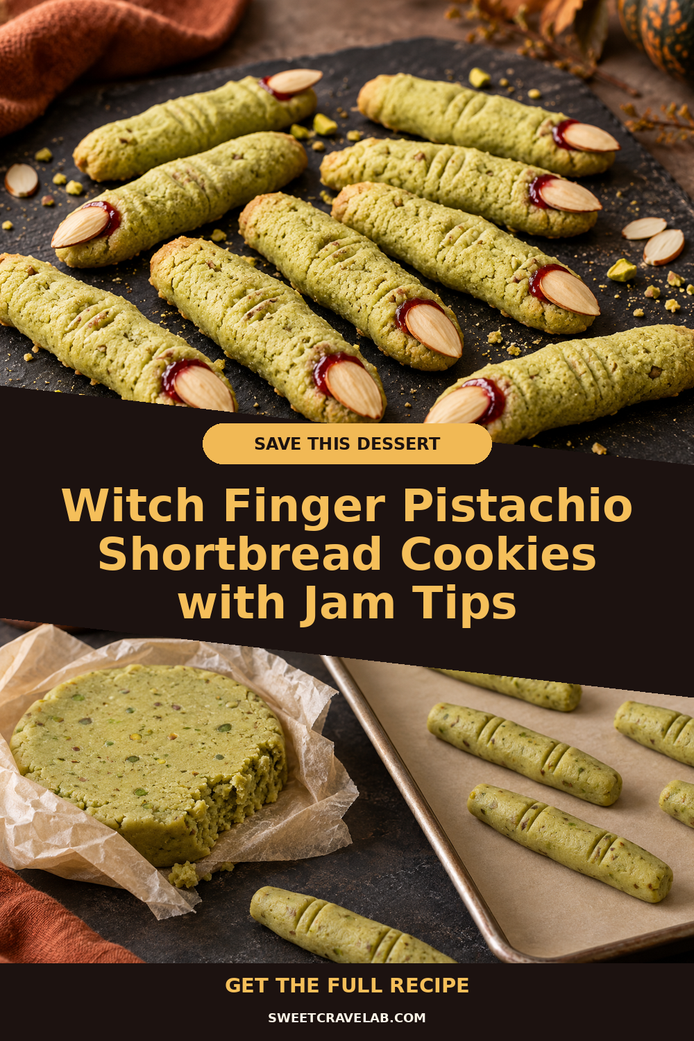 No-Cutter Witch Finger Cookies: Muted Green Pistachio Shortbread