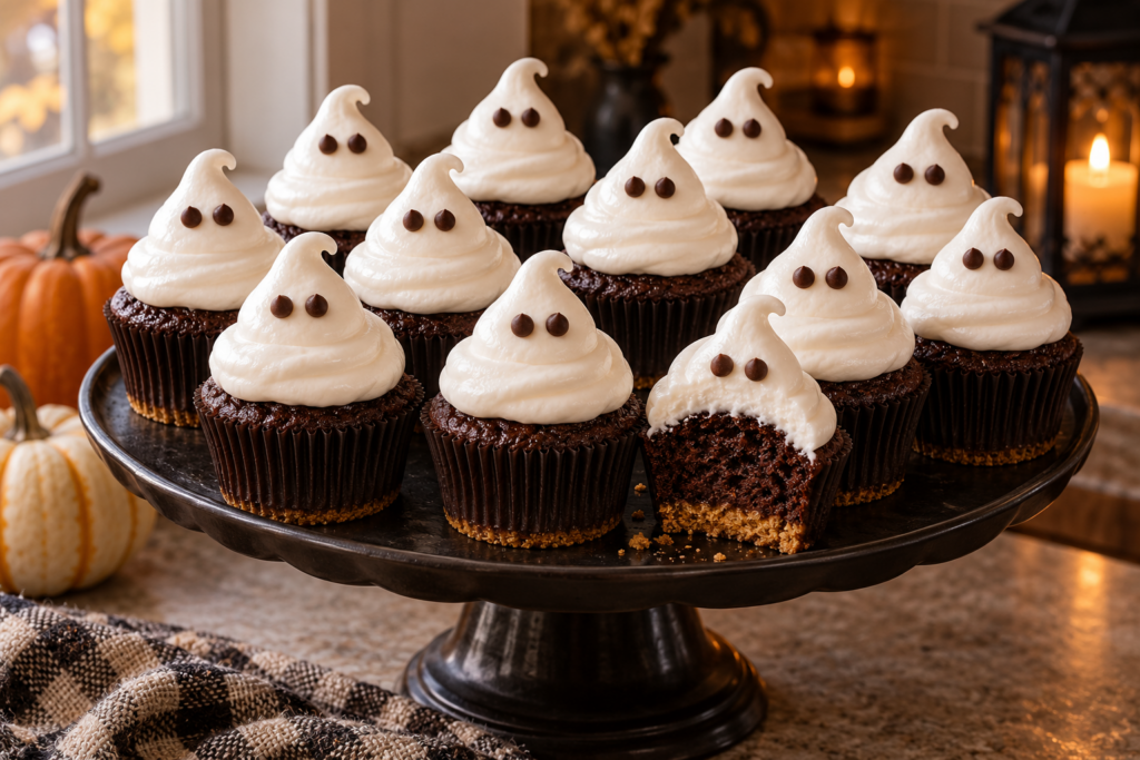 Halloween s'mores cupcakes topped with marshmallow frosting ghosts