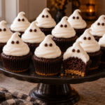 Halloween s'mores cupcakes topped with marshmallow frosting ghosts