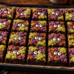 Monster mash brookies with purple and green cookie dough swirls