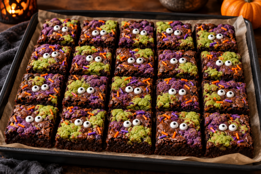 Monster mash brookies with purple and green cookie dough swirls