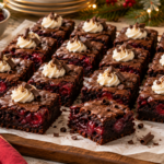 Fudgy Black Forest brownies with tart cherry swirl, mascarpone cream, and dark chocolate curls.