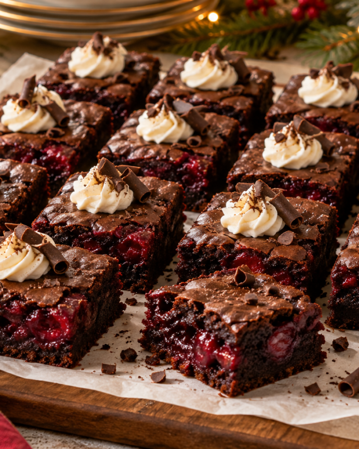 Fudgy Black Forest brownies with tart cherry swirl, mascarpone cream, and dark chocolate curls.