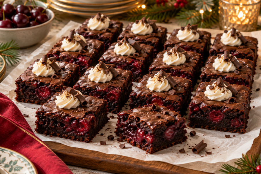 Fudgy Black Forest brownies with tart cherry swirl, mascarpone cream, and dark chocolate curls.