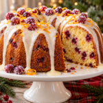 Cranberry orange Bundt cake with vanilla glaze, fresh cranberries, and orange zest.