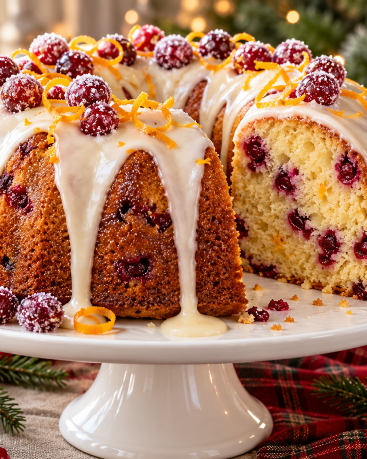 Cranberry orange Bundt cake with vanilla glaze, fresh cranberries, and orange zest.