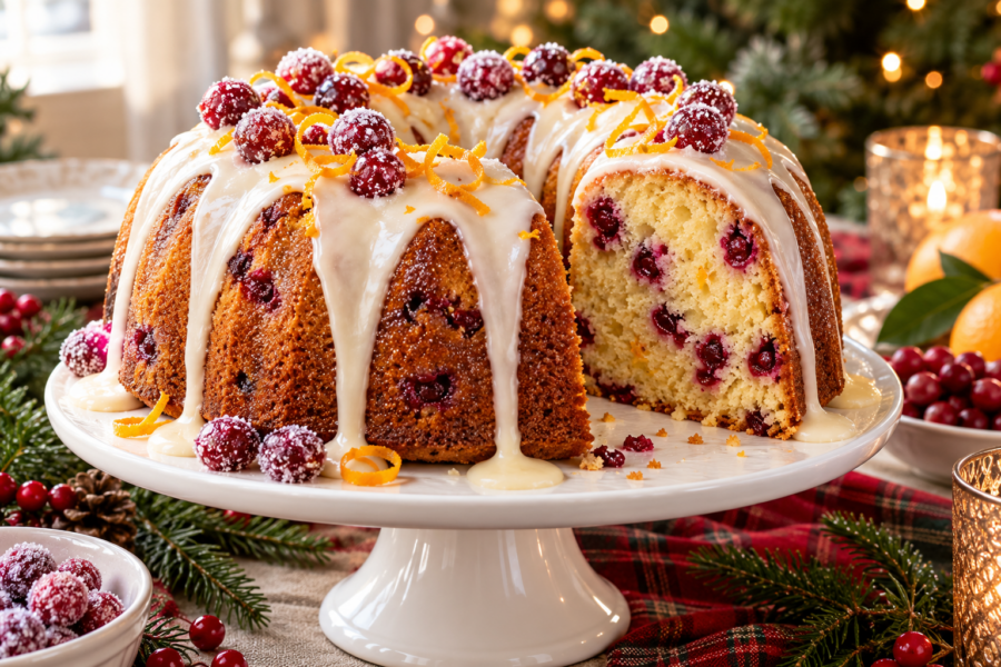 Cranberry orange Bundt cake with vanilla glaze, fresh cranberries, and orange zest.