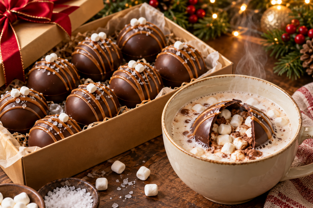 Salted caramel hot chocolate bombs with glossy chocolate shells, marshmallows, and caramel drizzle.