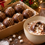Salted caramel hot chocolate bombs with glossy chocolate shells, marshmallows, and caramel drizzle.