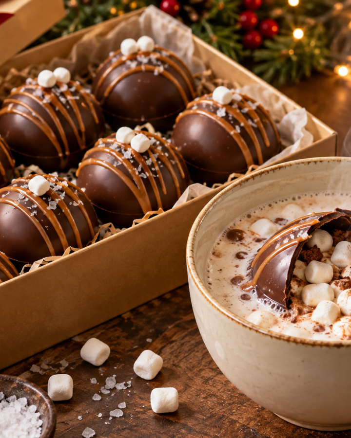 Salted caramel hot chocolate bombs with glossy chocolate shells, marshmallows, and caramel drizzle.
