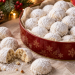 Christmas snowball cookies with buttery pecan centers and a thick confectioners' sugar coating.