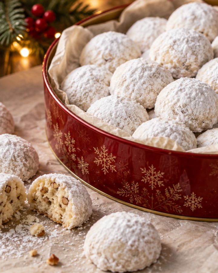 Christmas snowball cookies with buttery pecan centers and a thick confectioners' sugar coating.