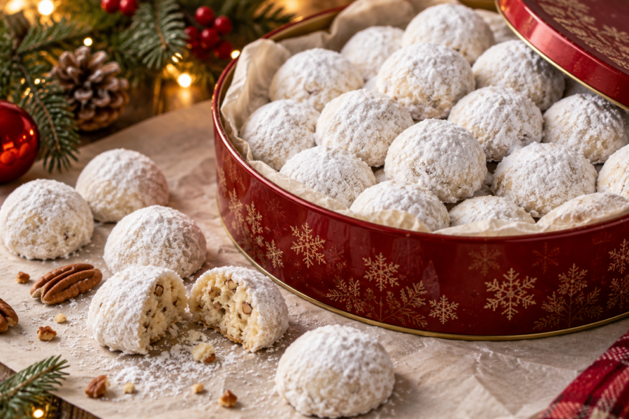 Christmas snowball cookies with buttery pecan centers and a thick confectioners' sugar coating.
