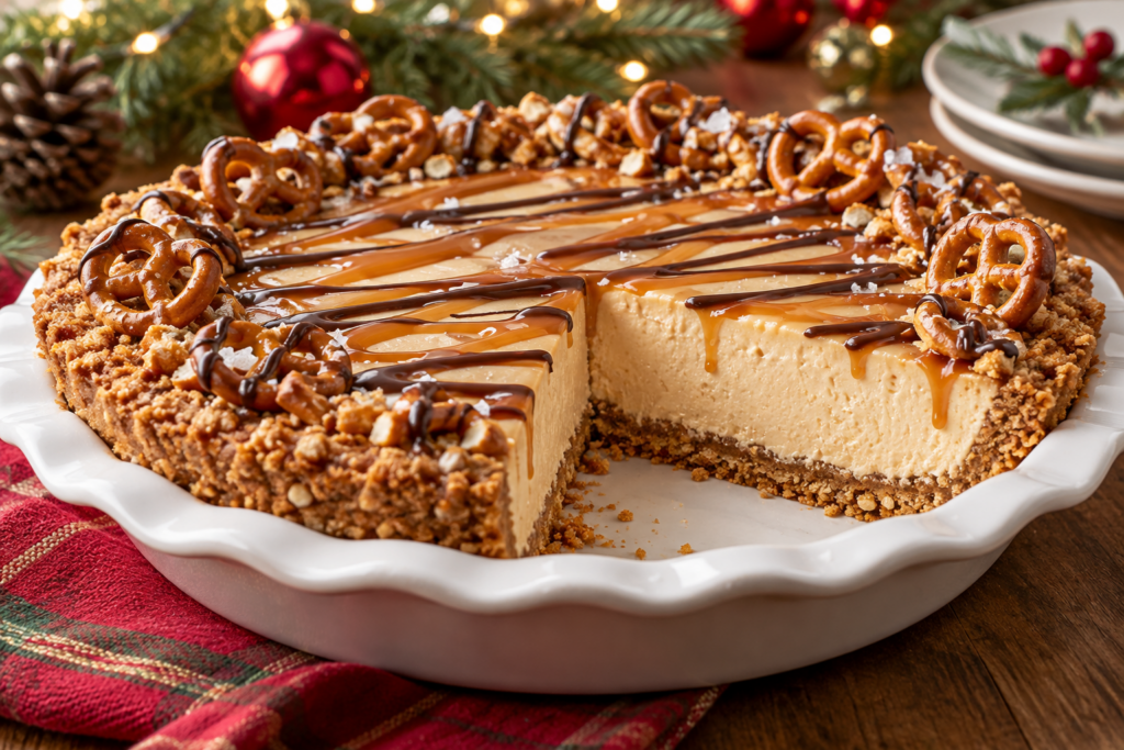 No bake salted caramel pretzel pie with crunchy crust, creamy filling, and chocolate drizzle.