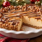 No bake salted caramel pretzel pie with crunchy crust, creamy filling, and chocolate drizzle.