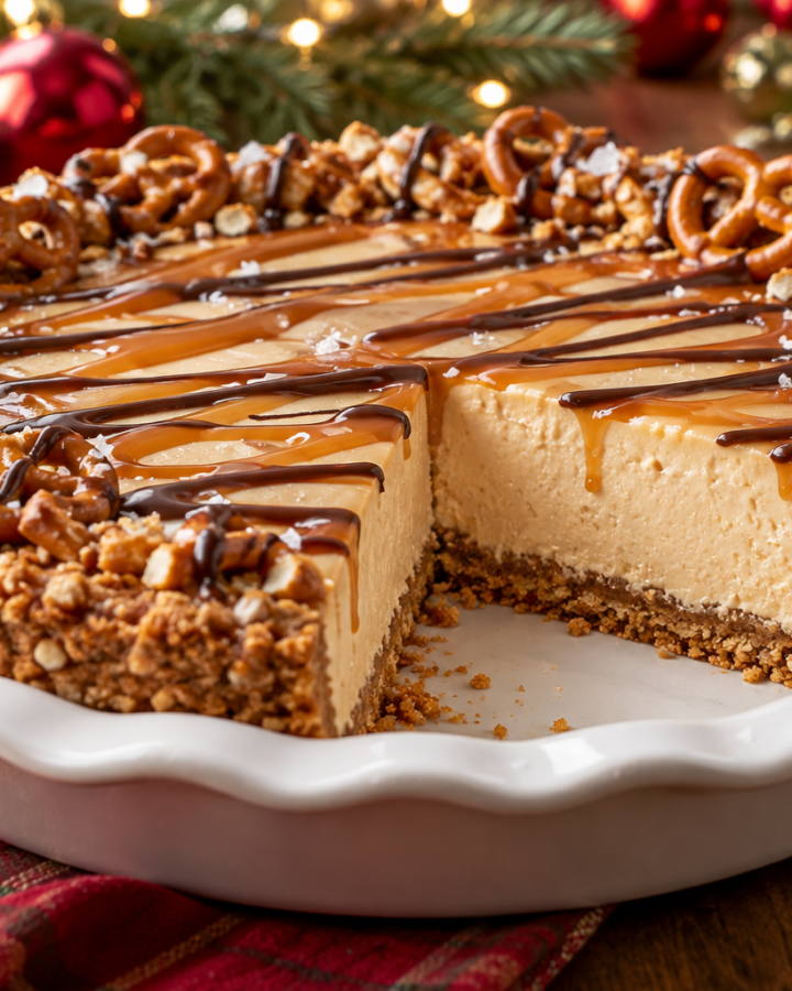 No bake salted caramel pretzel pie with crunchy crust, creamy filling, and chocolate drizzle.
